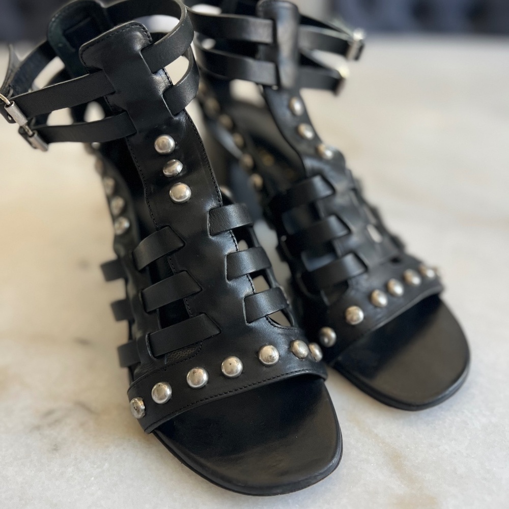 YSL Saint Laurent Calfskin Stud Block Heel Gladiator Sandals Black 37 / US 7 - Picture 3 of 13
